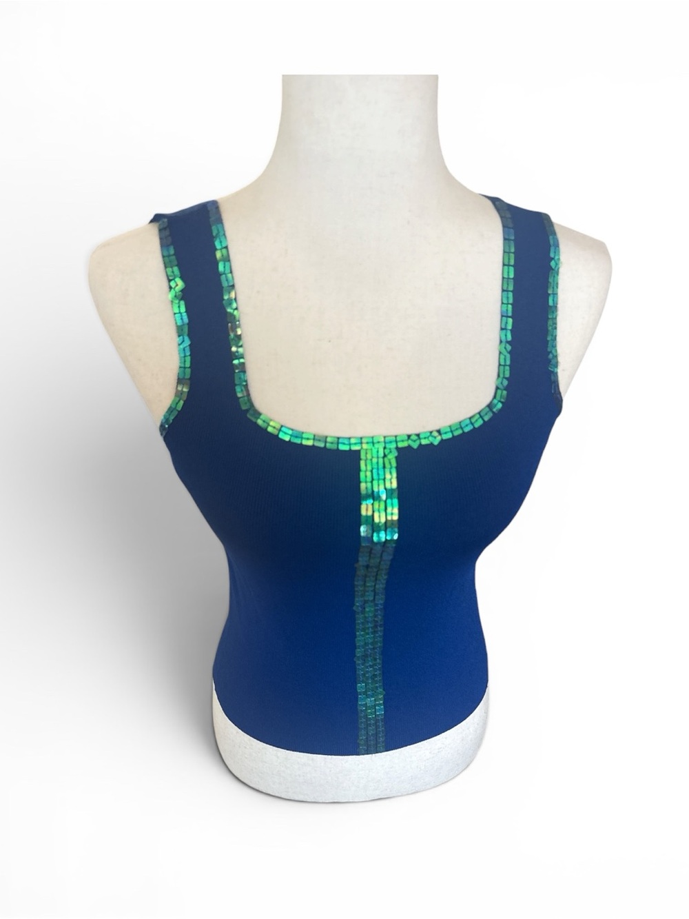 Y2K Blue Tank Top with Iridescent Green Sequin Trim